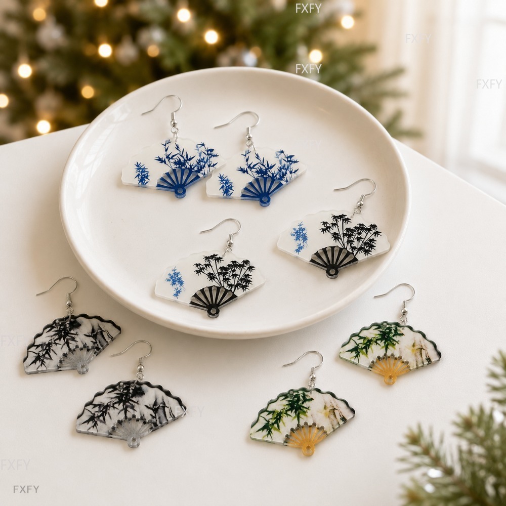 8pcs Chinese Fan-shaped Ink Painting Earring Set